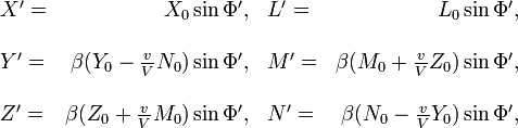 \begin{array}{lrlr}??X'= & X_{0}\sin\Phi', & L'= & L_{0}\sin\Phi',\\??\\Y'= & \beta(Y_{0}-\frac{v}{V}N_{0})\sin\Phi', & M'= & \beta(M_{0}+\frac{v}{V}Z_{0})\sin\Phi',\\??\\Z'= & \beta(Z_{0}+\frac{v}{V}M_{0})\sin\Phi', & N'= & \beta(N_{0}-\frac{v}{V}Y_{0})\sin\Phi',\end{array}