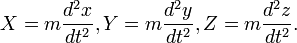 X = m \frac{d^2 x}{dt^2}, Y = m \frac{d^2 y}{dt^2}, Z = m \frac{d^2 z}{dt^2}.
